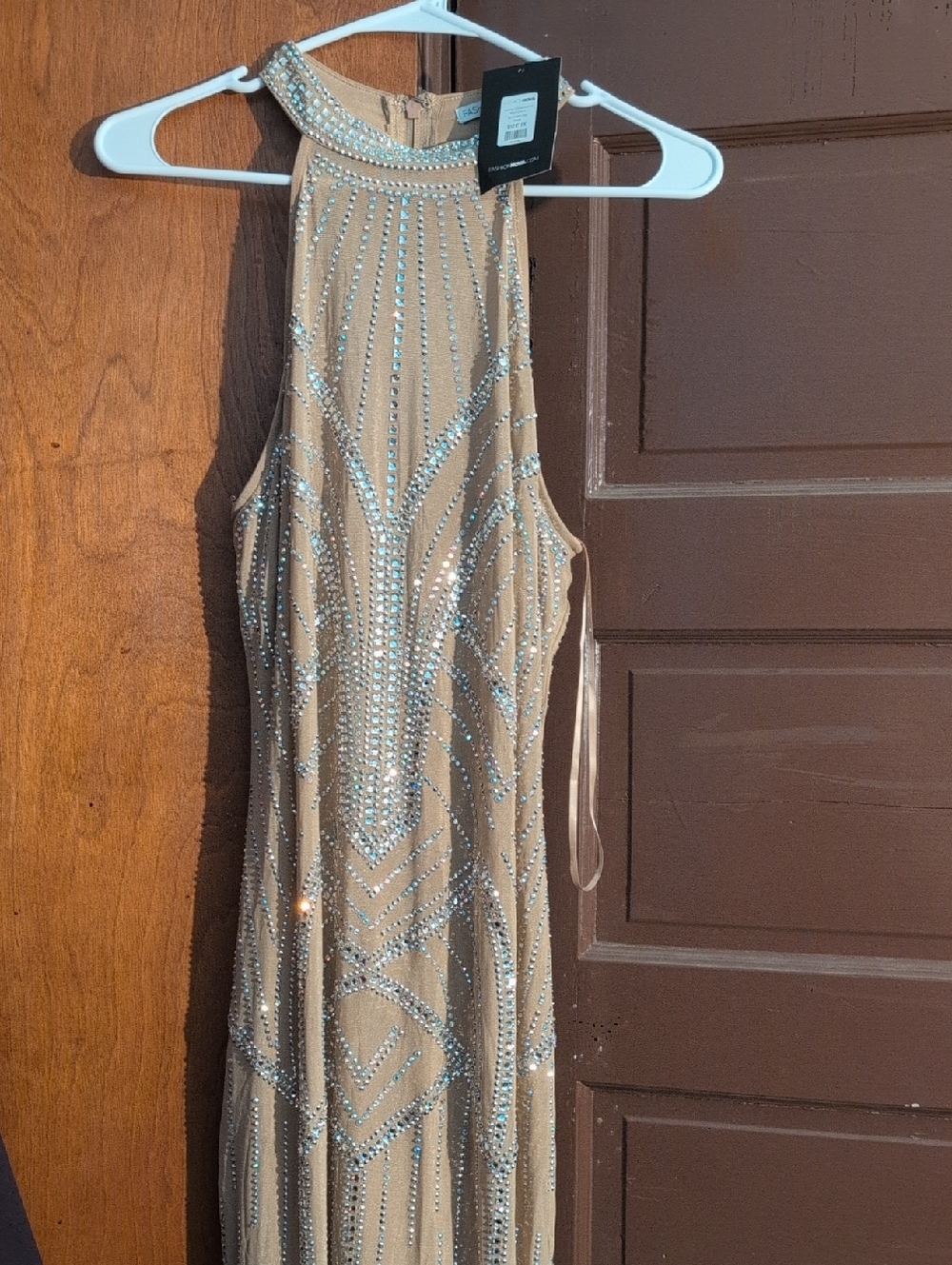 Fashion Nova Beaded Nude Halter Prom Dress Valerie Embellished Mini Dress 1x NWT